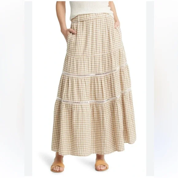 Madewell Gingham Tiered Linen Blend Maxi Skirt Tan Cream XS - Picture 1 of 11